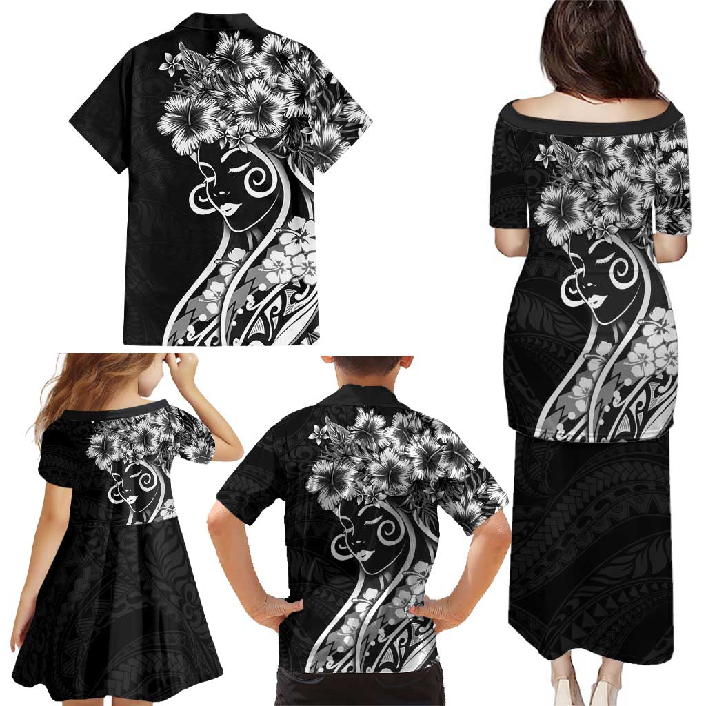 Polynesian Women's Day Family Matching Puletasi and Hawaiian Shirt Black Hibiscus Flowers With Polynesian Pattern
