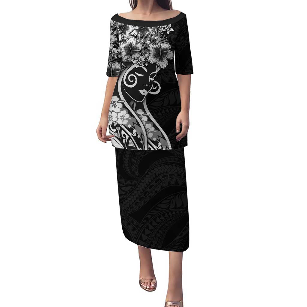 Polynesian Women's Day Family Matching Puletasi and Hawaiian Shirt Black Hibiscus Flowers With Polynesian Pattern