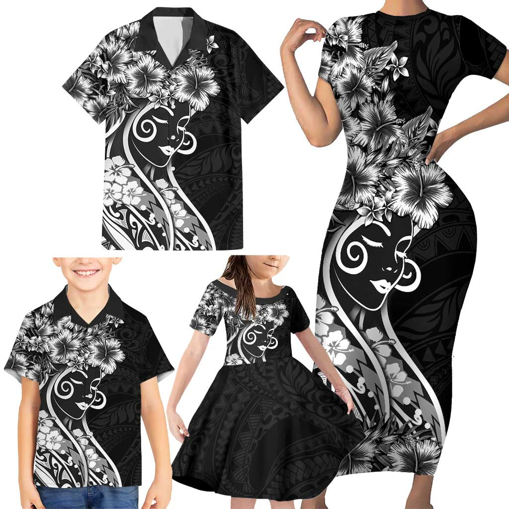 Polynesian Women's Day Family Matching Short Sleeve Bodycon Dress and Hawaiian Shirt Black Hibiscus Flowers With Polynesian Pattern LT05 - Polynesian Pride