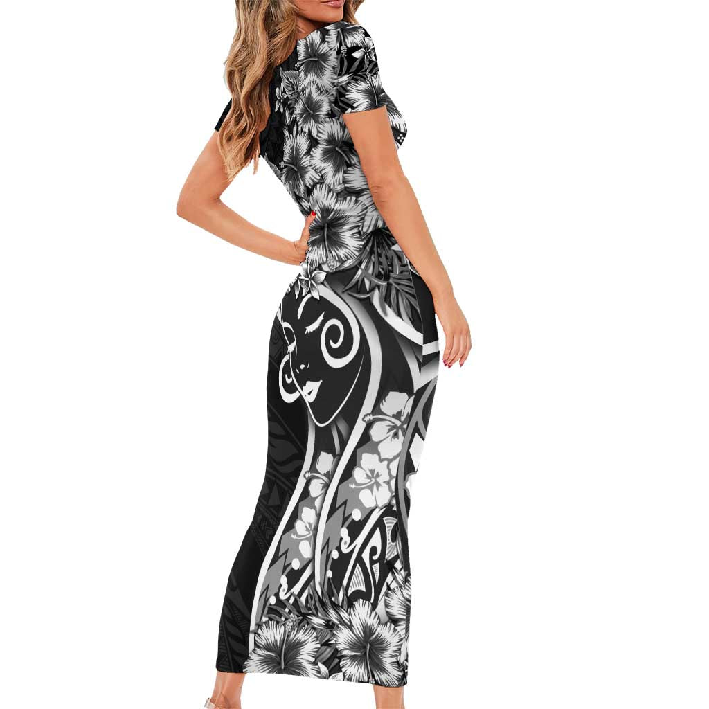 Polynesian Women's Day Family Matching Short Sleeve Bodycon Dress and Hawaiian Shirt Black Hibiscus Flowers With Polynesian Pattern LT05 - Polynesian Pride