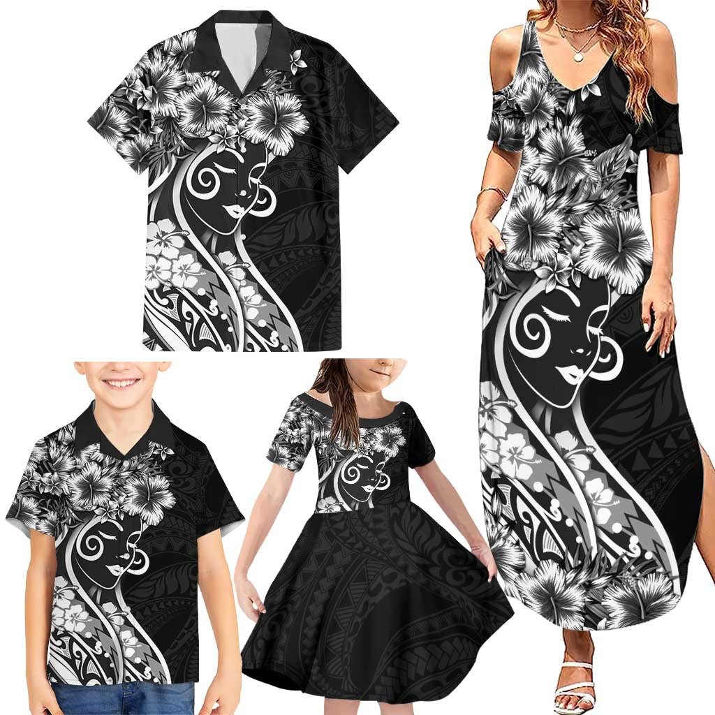 Polynesian Women's Day Family Matching Summer Maxi Dress and Hawaiian Shirt Black Hibiscus Flowers With Polynesian Pattern