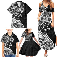 Polynesian Women's Day Family Matching Summer Maxi Dress and Hawaiian Shirt Black Hibiscus Flowers With Polynesian Pattern