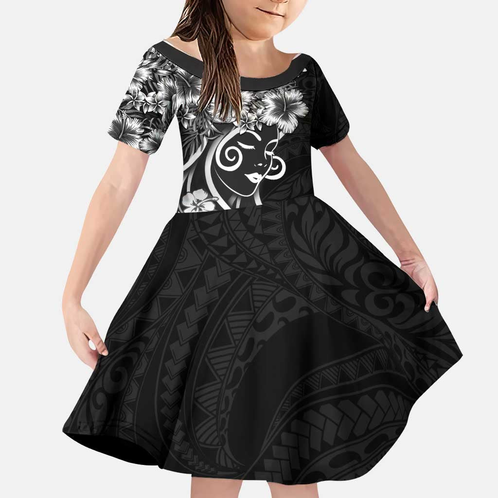 Polynesian Women's Day Family Matching Tank Maxi Dress and Hawaiian Shirt Black Hibiscus Flowers With Polynesian Pattern