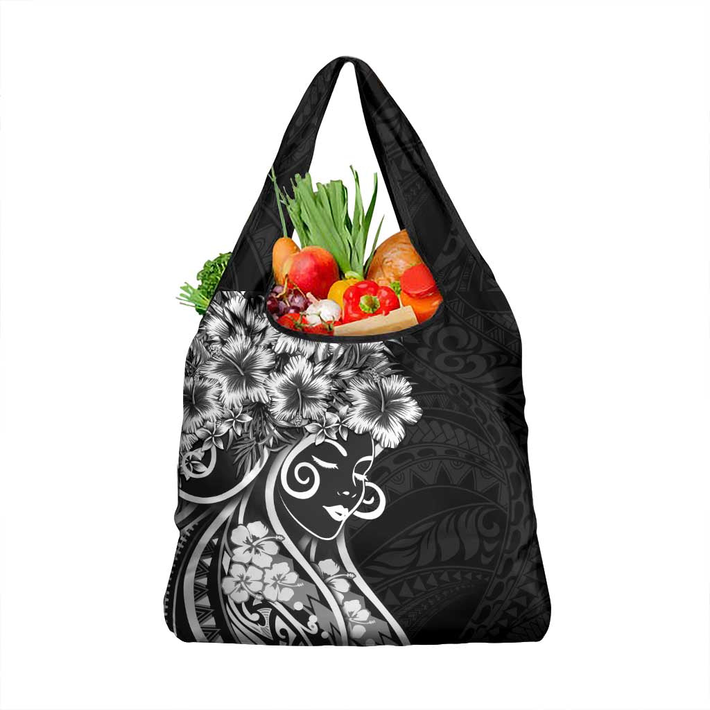Polynesian Women's Day Grocery Bag Black Hibiscus Flowers With Polynesian Pattern