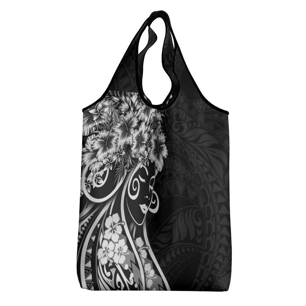 Polynesian Women's Day Grocery Bag Black Hibiscus Flowers With Polynesian Pattern