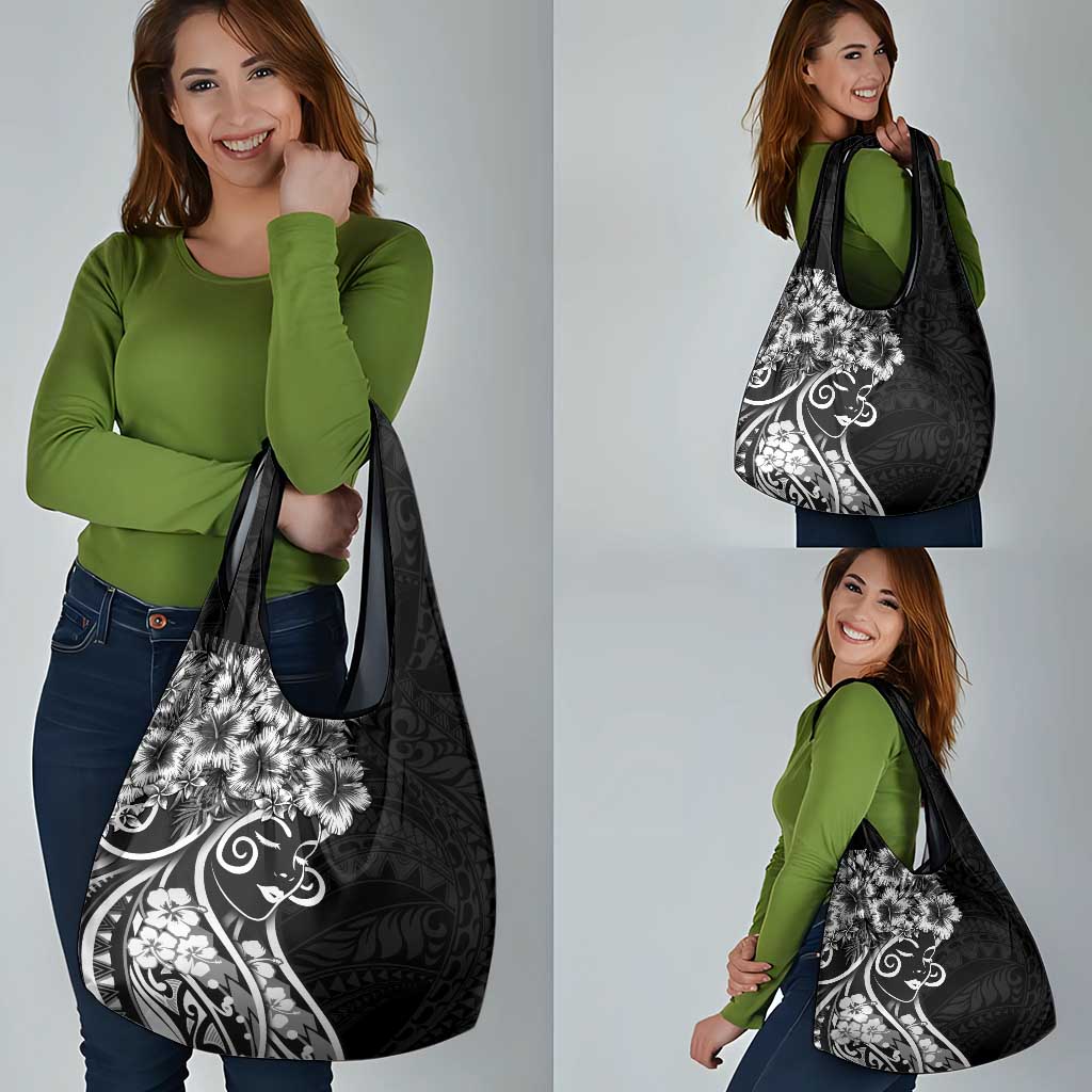 Polynesian Women's Day Grocery Bag Black Hibiscus Flowers With Polynesian Pattern