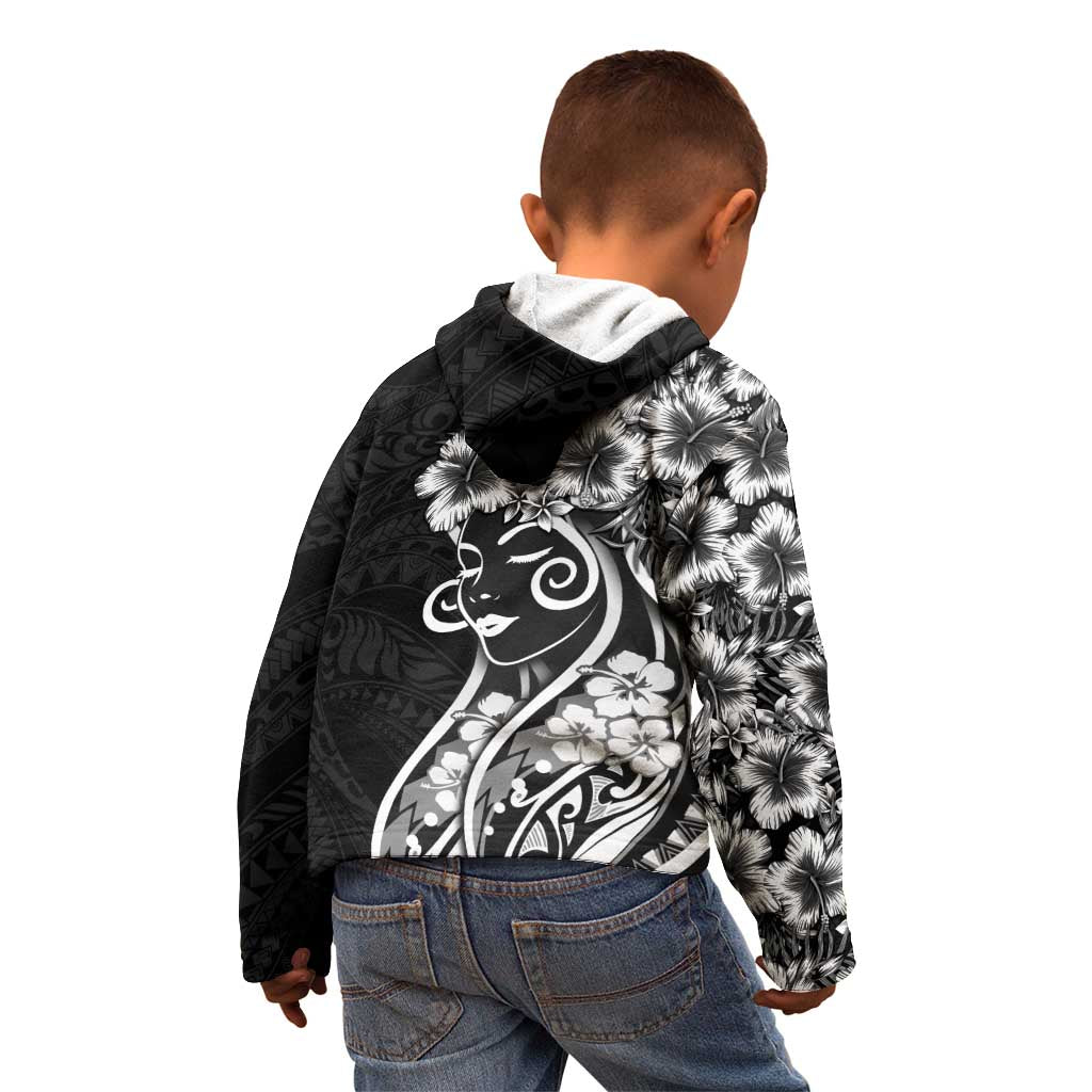 Polynesian Women's Day Kid Hoodie Black Hibiscus Flowers With Polynesian Pattern