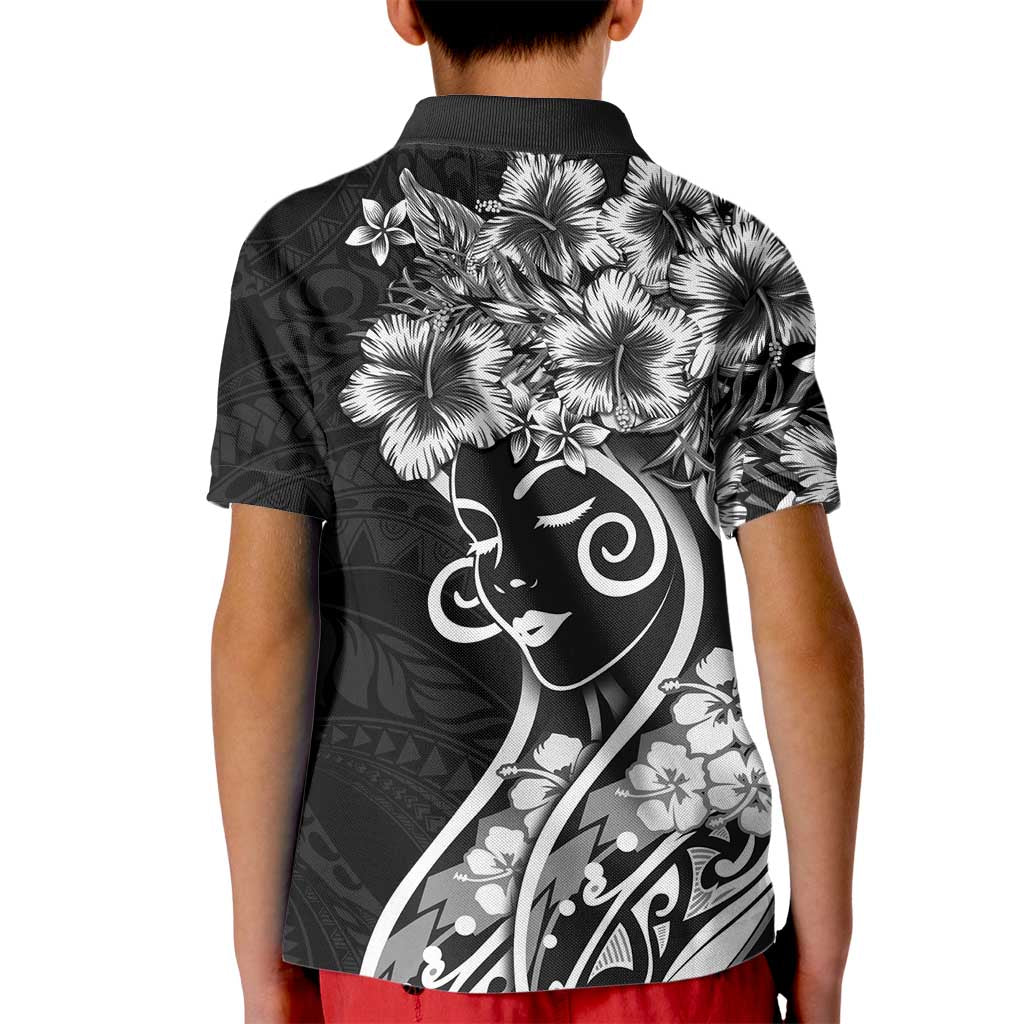 Polynesian Women's Day Kid Polo Shirt Black Hibiscus Flowers With Polynesian Pattern