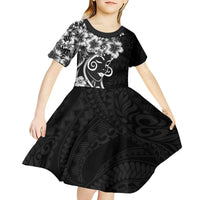 Polynesian Women's Day Kid Short Sleeve Dress Black Hibiscus Flowers With Polynesian Pattern