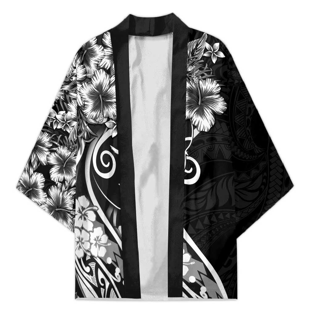 Polynesian Women's Day Kimono Black Hibiscus Flowers With Polynesian Pattern