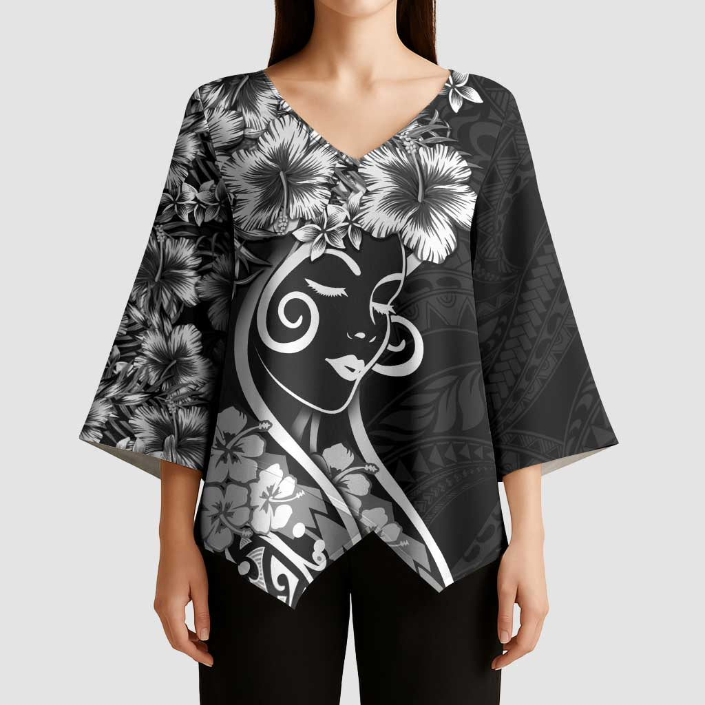 Polynesian Women's Day Kimono Sleeve Blouse Black Hibiscus Flowers With Polynesian Pattern