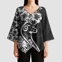 Polynesian Women's Day Kimono Sleeve Blouse Black Hibiscus Flowers With Polynesian Pattern