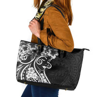 Polynesian Women's Day Leather Tote Bag Black Hibiscus Flowers With Polynesian Pattern