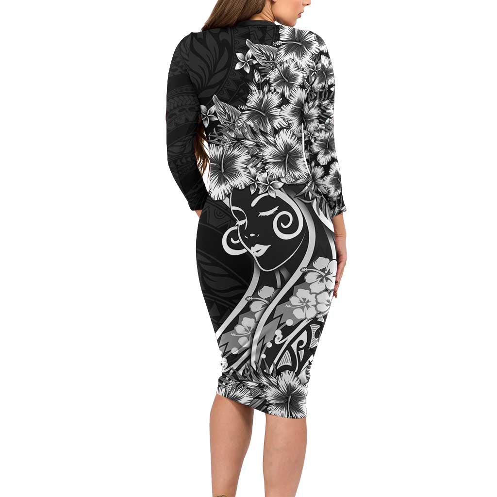 Polynesian Women's Day Long Sleeve Bodycon Dress Black Hibiscus Flowers With Polynesian Pattern