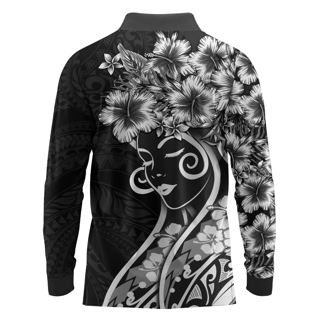 Polynesian Women's Day Long Sleeve Polo Shirt Black Hibiscus Flowers With Polynesian Pattern