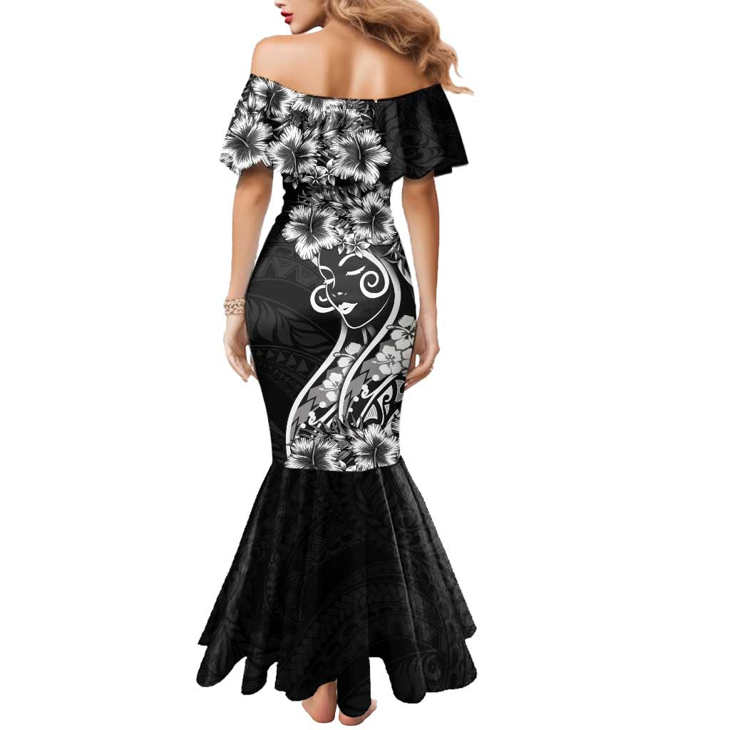 Polynesian Women's Day Mermaid Dress Black Hibiscus Flowers With Polynesian Pattern