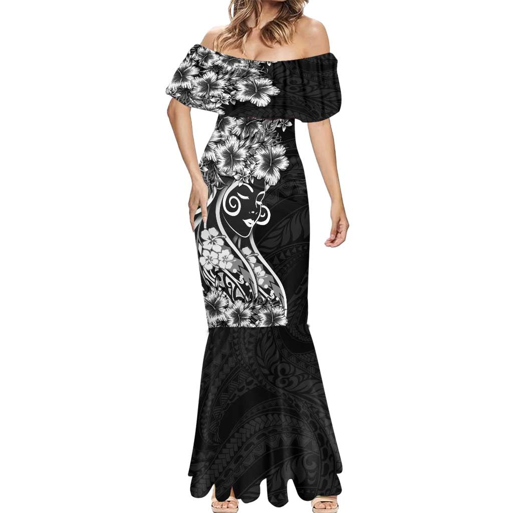 Polynesian Women's Day Mermaid Dress Black Hibiscus Flowers With Polynesian Pattern