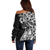 Polynesian Women's Day Off Shoulder Sweater Black Hibiscus Flowers With Polynesian Pattern