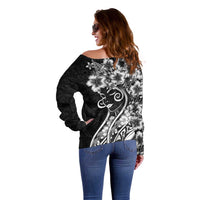 Polynesian Women's Day Off Shoulder Sweater Black Hibiscus Flowers With Polynesian Pattern
