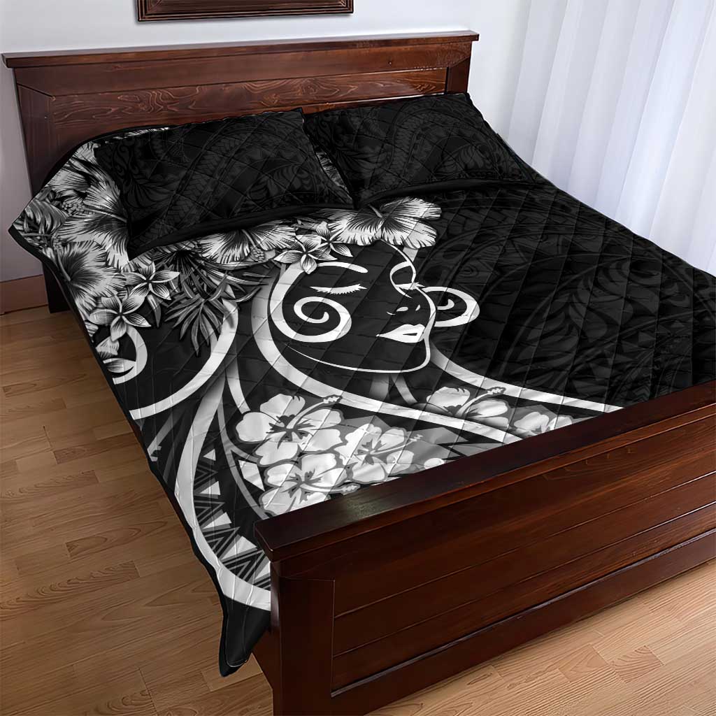 Polynesian Women's Day Quilt Bed Set Black Hibiscus Flowers With Polynesian Pattern