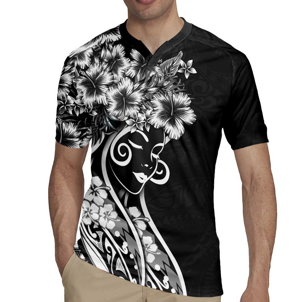 Polynesian Women's Day Rugby Jersey Black Hibiscus Flowers With Polynesian Pattern