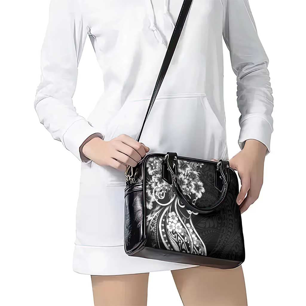 Polynesian Women's Day Shoulder Handbag Black Hibiscus Flowers With Polynesian Pattern