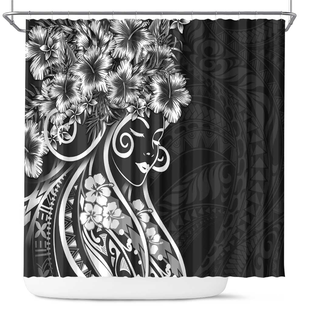 Polynesian Women's Day Shower Curtain Black Hibiscus Flowers With Polynesian Pattern