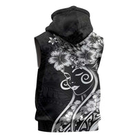 Polynesian Women's Day Sleeveless Zip Hoodie Black Hibiscus Flowers With Polynesian Pattern