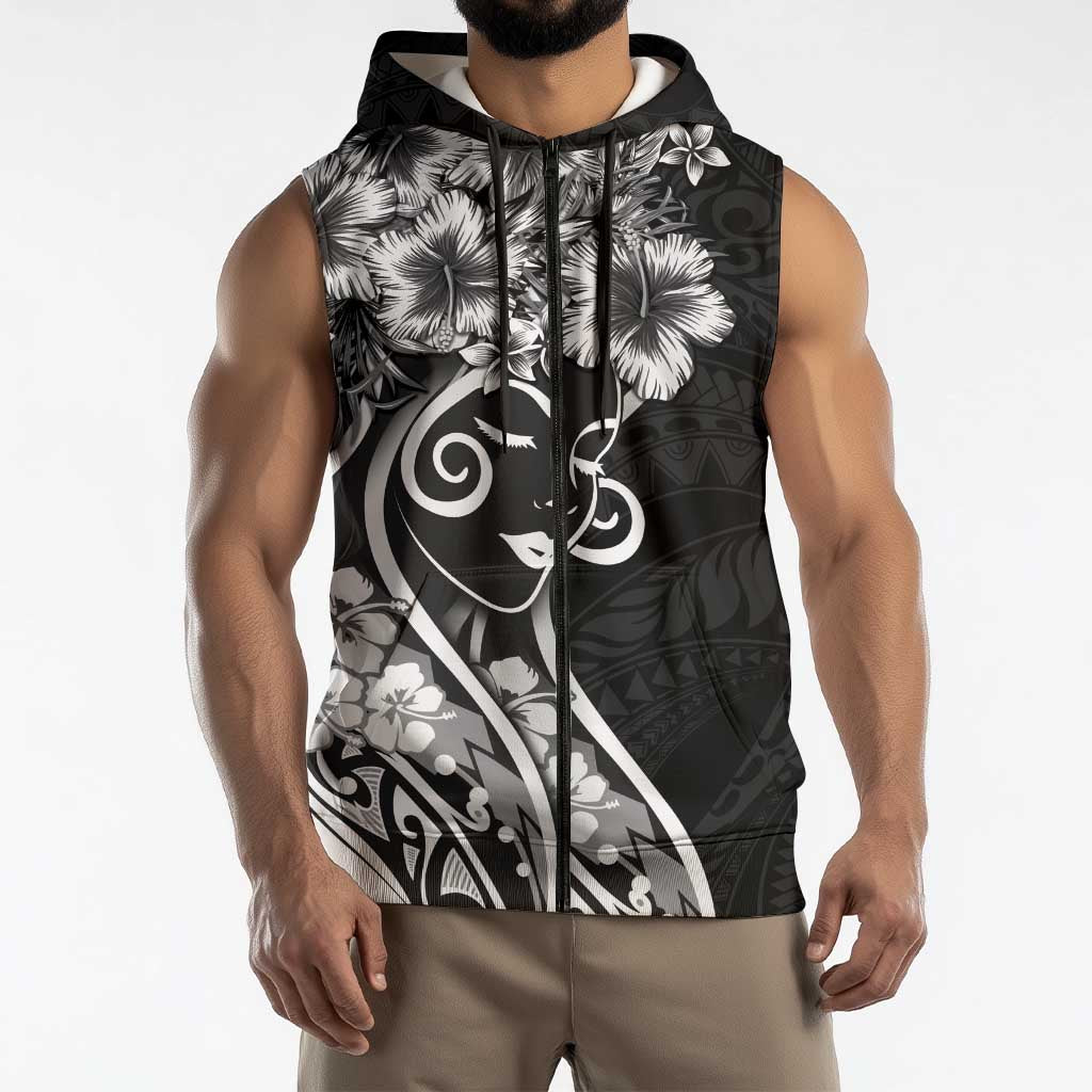 Polynesian Women's Day Sleeveless Zip Hoodie Black Hibiscus Flowers With Polynesian Pattern