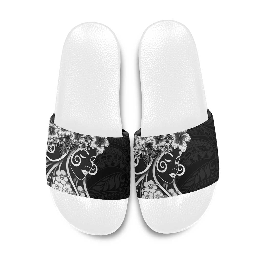 Polynesian Women's Day Slide Sandals Black Hibiscus Flowers With Polynesian Pattern