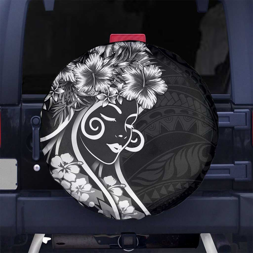 Polynesian Women's Day Spare Tire Cover Black Hibiscus Flowers With Polynesian Pattern