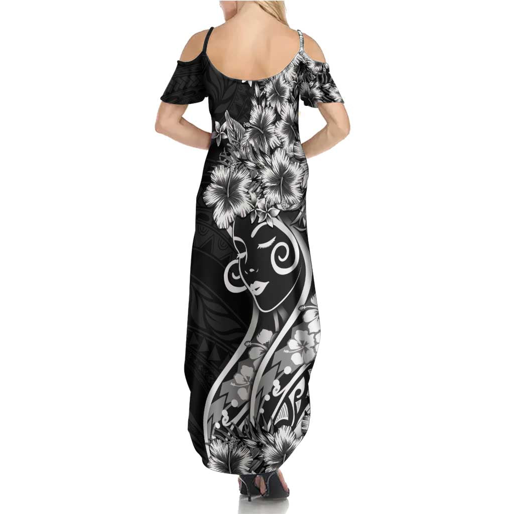 Polynesian Women's Day Summer Maxi Dress Black Hibiscus Flowers With Polynesian Pattern