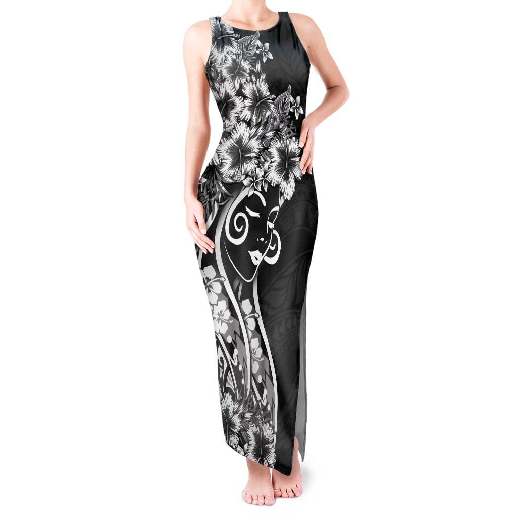 Polynesian Women's Day Tank Maxi Dress Black Hibiscus Flowers With Polynesian Pattern