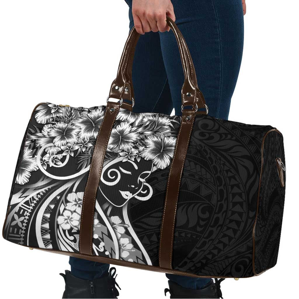 Polynesian Women's Day Travel Bag Black Hibiscus Flowers With Polynesian Pattern