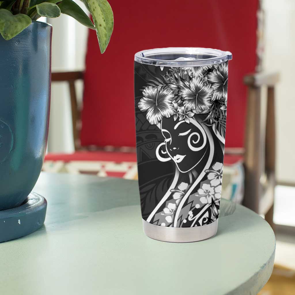 Polynesian Women's Day Tumbler Cup Black Hibiscus Flowers With Polynesian Pattern