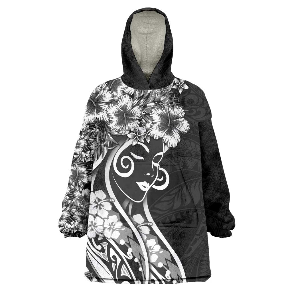 Polynesian Women's Day Wearable Blanket Hoodie Black Hibiscus Flowers With Polynesian Pattern