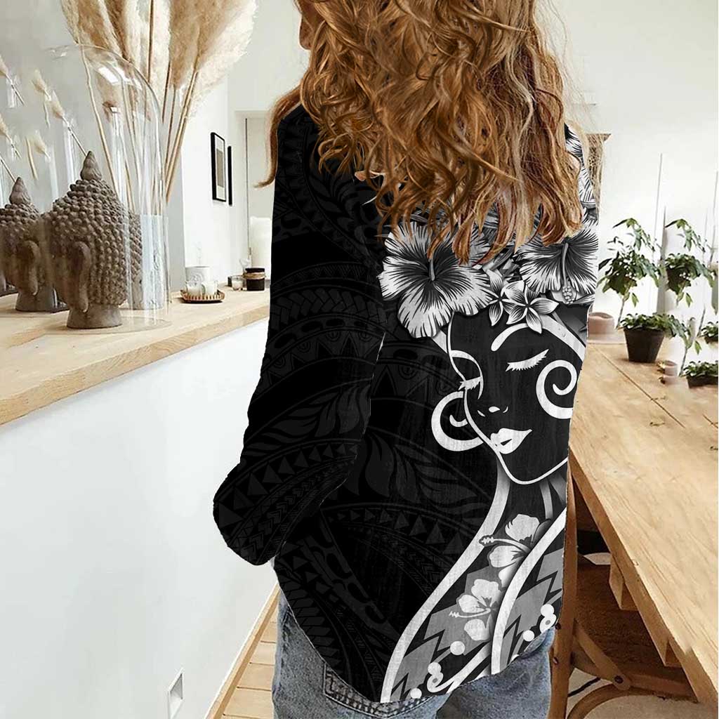 Polynesian Women's Day Women Casual Shirt Black Hibiscus Flowers With Polynesian Pattern