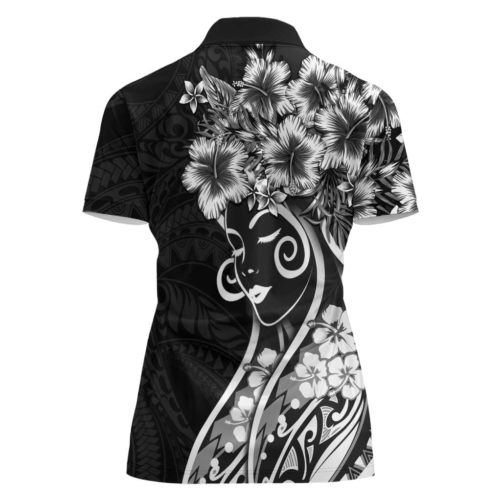 Polynesian Women's Day Women Polo Shirt Black Hibiscus Flowers With Polynesian Pattern