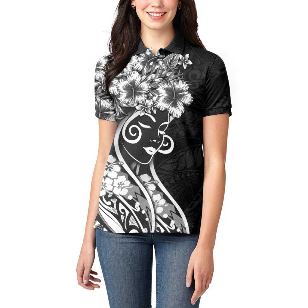 Polynesian Women's Day Women Polo Shirt Black Hibiscus Flowers With Polynesian Pattern