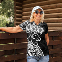 Polynesian Women's Day Women Polo Shirt Black Hibiscus Flowers With Polynesian Pattern