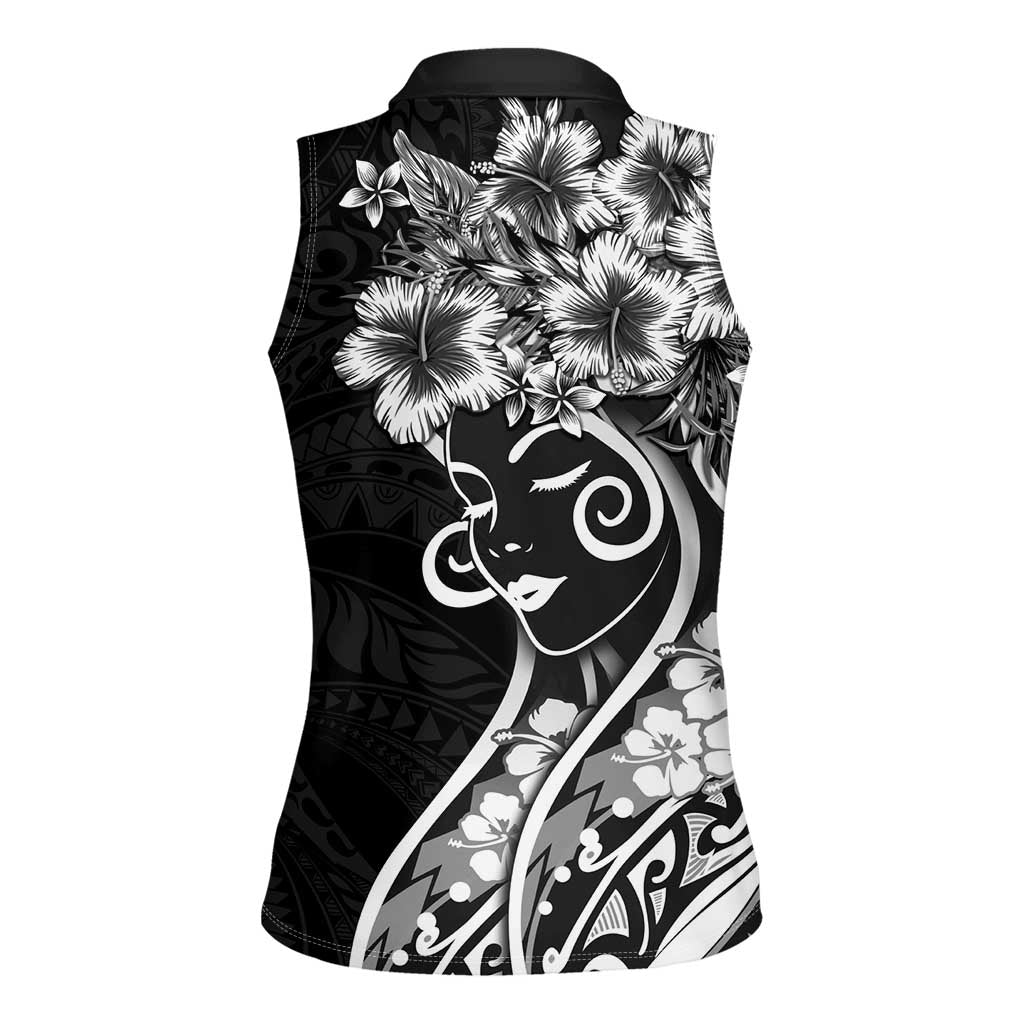 Polynesian Women's Day Women Sleeveless Polo Shirt Black Hibiscus Flowers With Polynesian Pattern