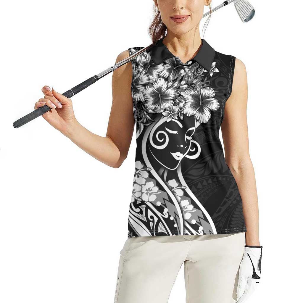 Polynesian Women's Day Women Sleeveless Polo Shirt Black Hibiscus Flowers With Polynesian Pattern