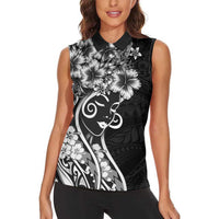 Polynesian Women's Day Women Sleeveless Polo Shirt Black Hibiscus Flowers With Polynesian Pattern