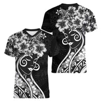 Polynesian Women's Day Women V-Neck T-Shirt Black Hibiscus Flowers With Polynesian Pattern