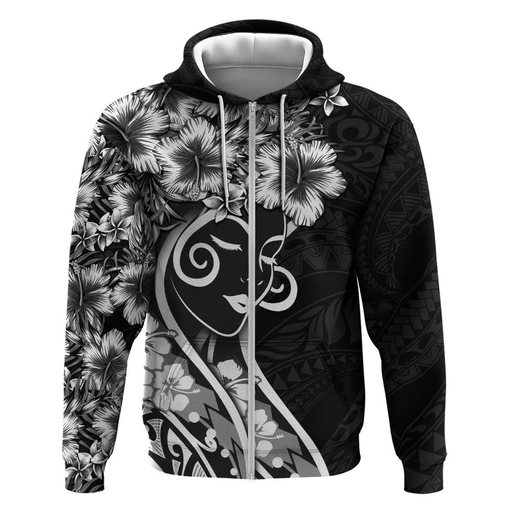 Polynesian Women's Day Zip Hoodie Black Hibiscus Flowers With Polynesian Pattern