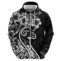 Polynesian Women's Day Zip Hoodie Black Hibiscus Flowers With Polynesian Pattern