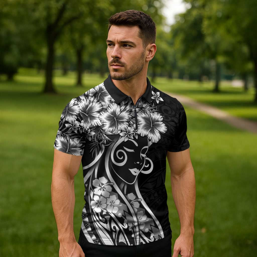 Polynesian Women's Day Zipper Polo Shirt Black Hibiscus Flowers With Polynesian Pattern
