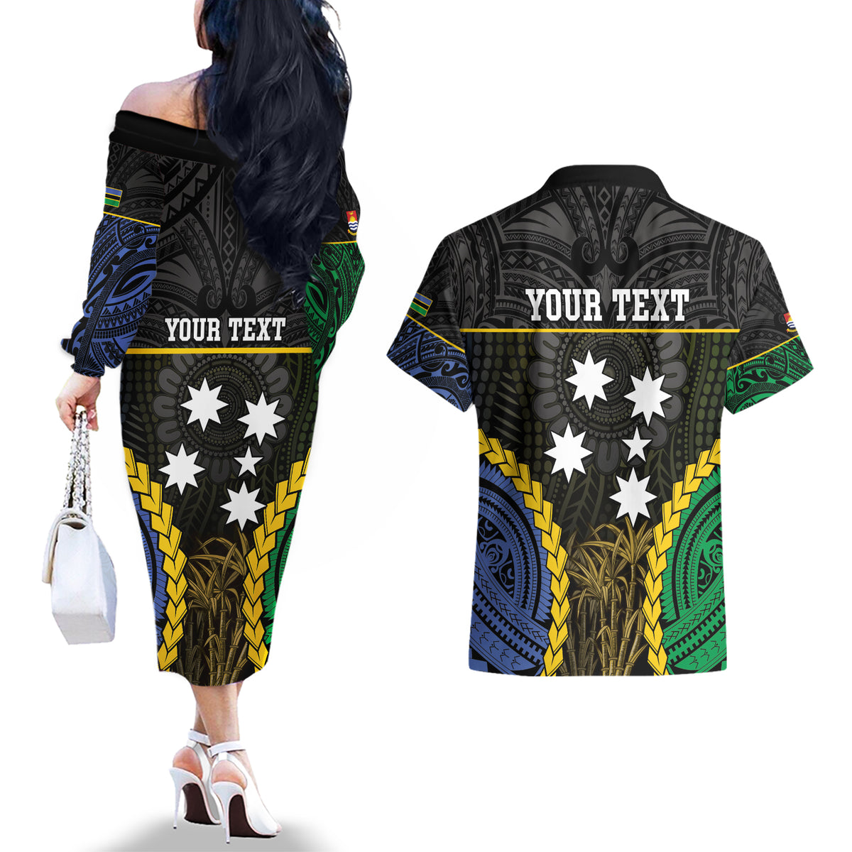 Personalised South Sea Islanders And Gilbert Islands Couples Matching Off The Shoulder Long Sleeve Dress and Hawaiian Shirt Kanakas Polynesian Pattern