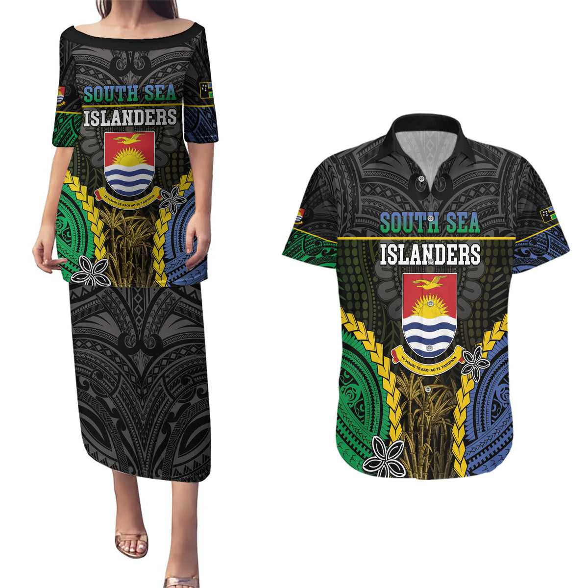 Personalised South Sea Islanders And Gilbert Islands Couples Matching Puletasi and Hawaiian Shirt Kanakas Polynesian Pattern