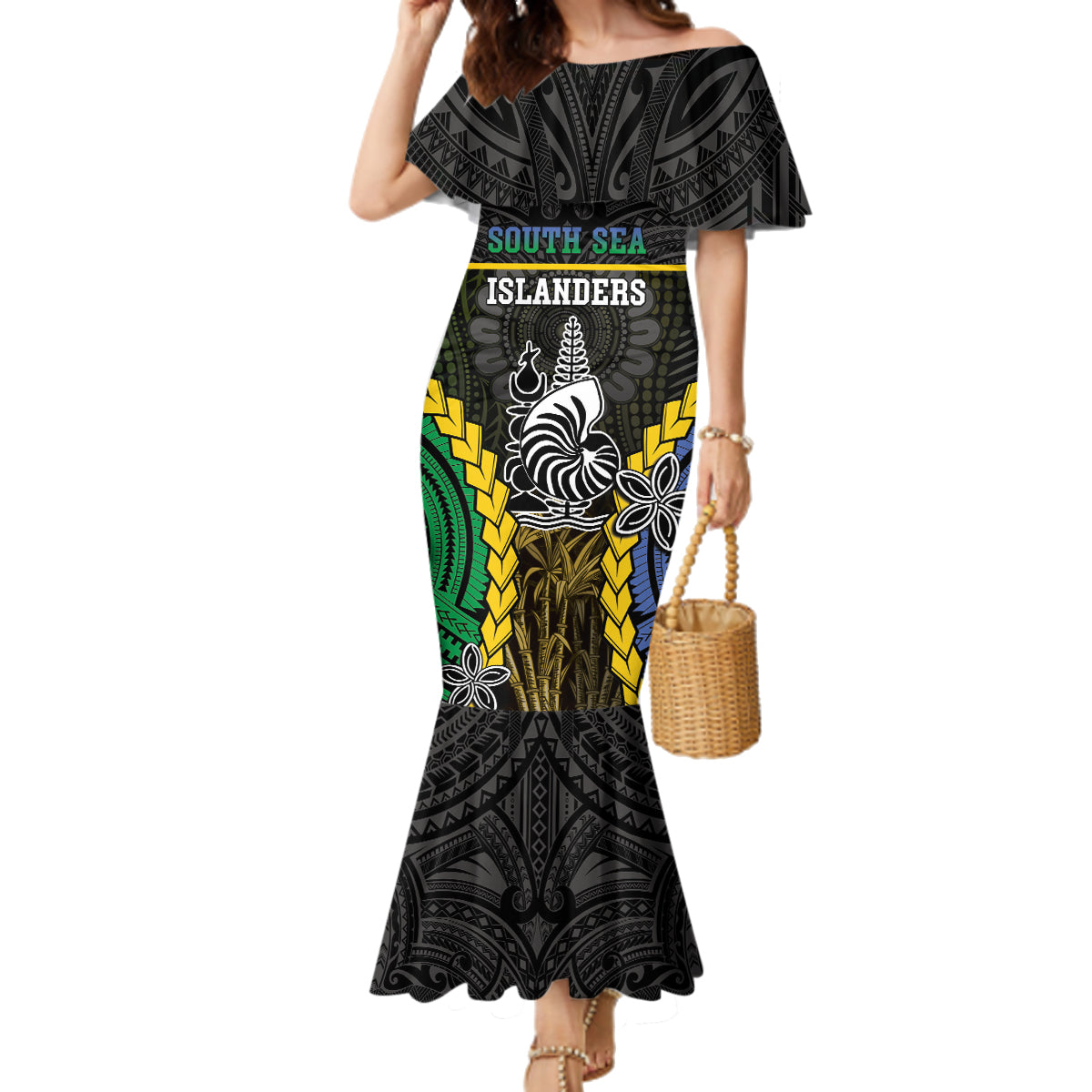 Personalised South Sea Islanders And New Caledonia Family Matching Mermaid Dress and Hawaiian Shirt Kanakas Polynesian Pattern LT05 Mom's Dress Black - Polynesian Pride